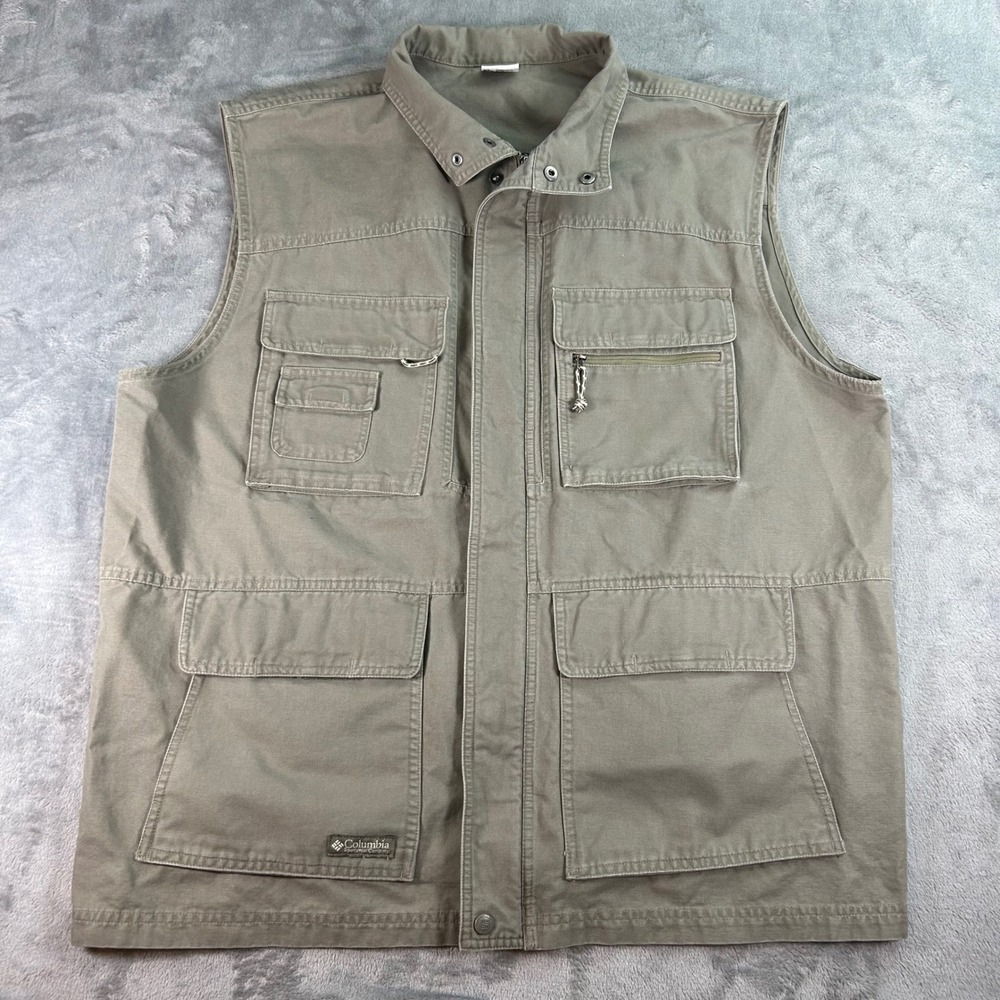 Columbia Sportswear Mens XXL Utility Canvas Vest Olive Green Multi Pocket Cargo